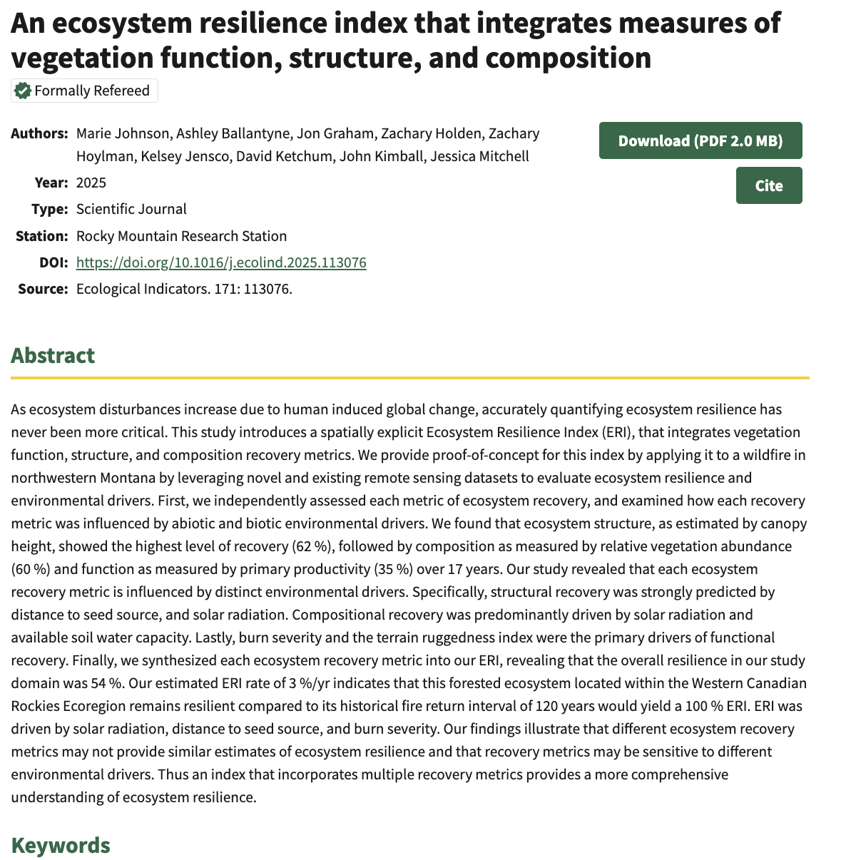 An ecosystem resilience index that integrates measures of vegetation function, structure, and composition