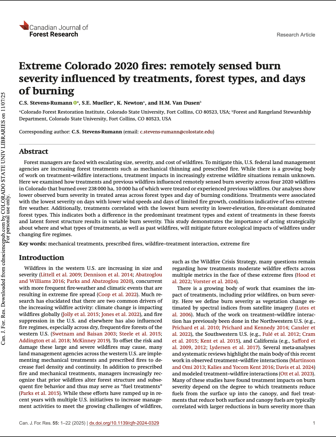 Extreme Colorado 2020 fires: remotely sensed burn severity influenced by treatments, forest types, and days of burning
