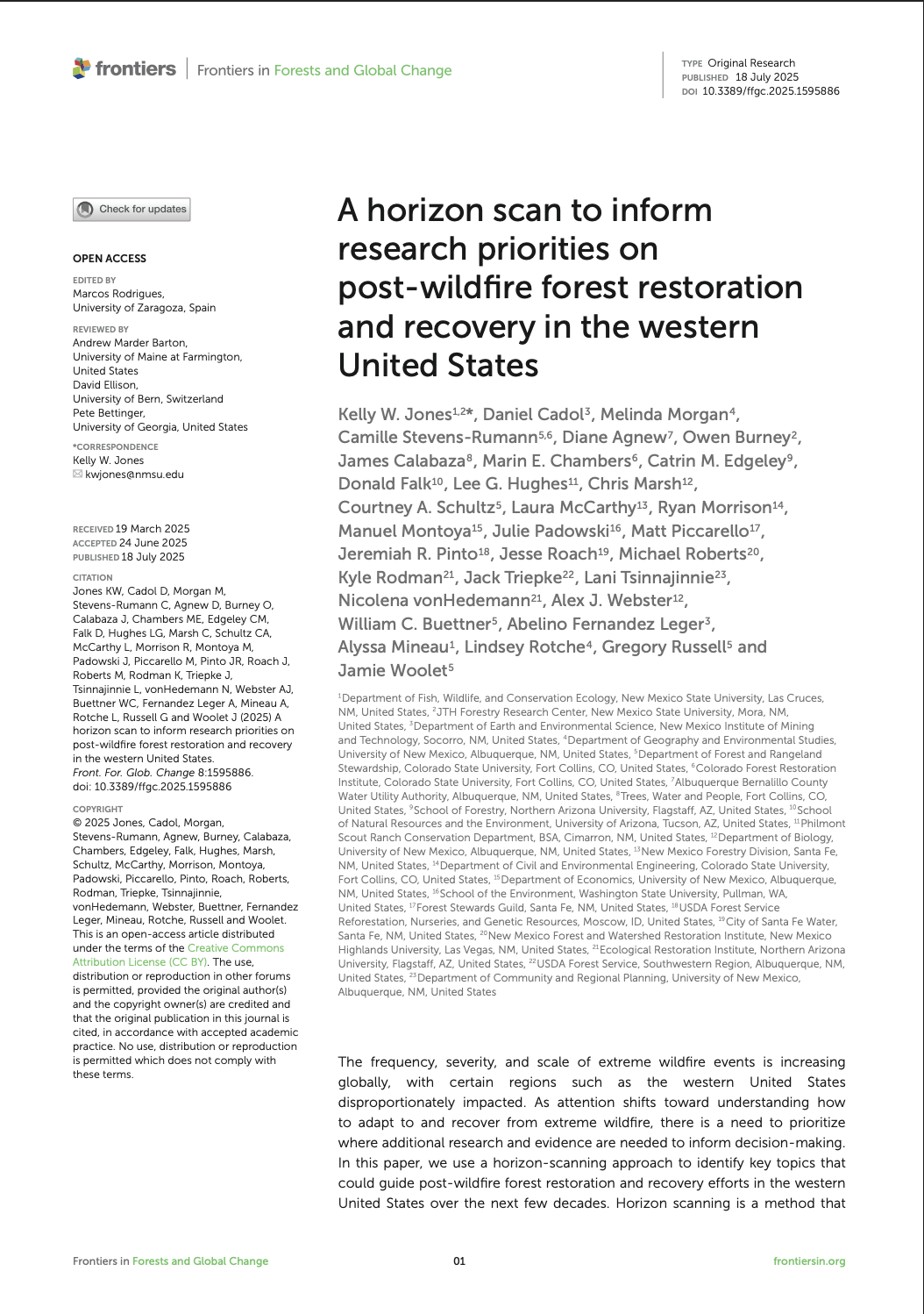 A horizon scan to inform research priorities on post-wildfire forest restoration and recovery in the western United States