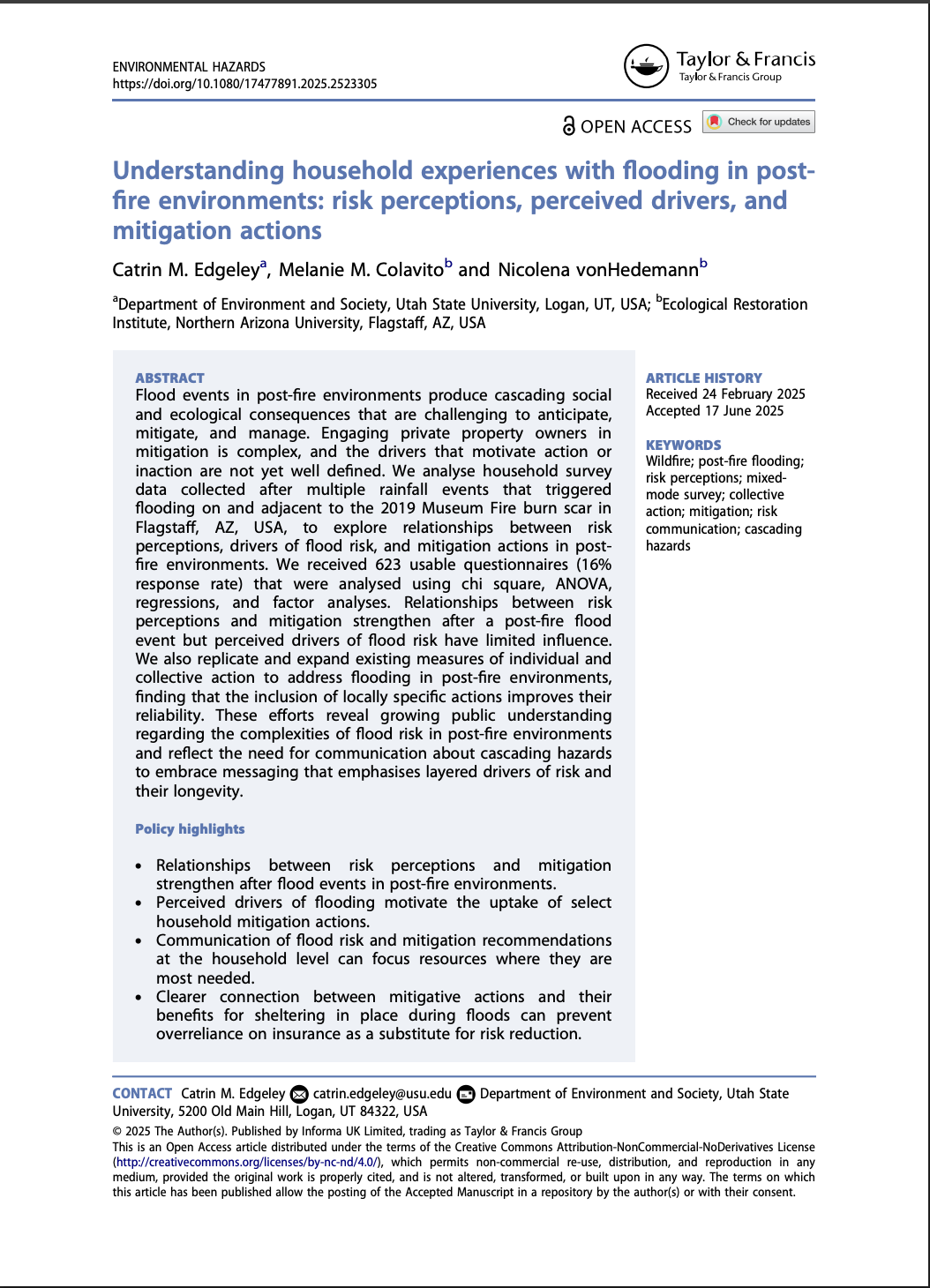Understanding household experiences with flooding in post-fire environments: risk perceptions, perceived drivers, and mitigation actions