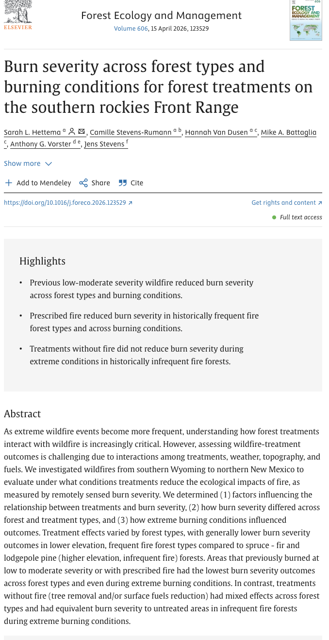 Burn severity across forest types and burning conditions for forest treatments on the southern rockies Front Range