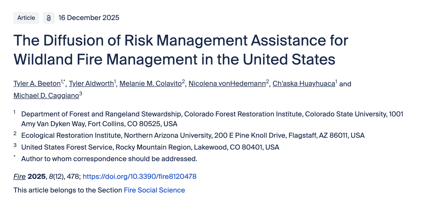 The Diffusion of Risk Management Assistance for Wildland Fire Management in the United States
